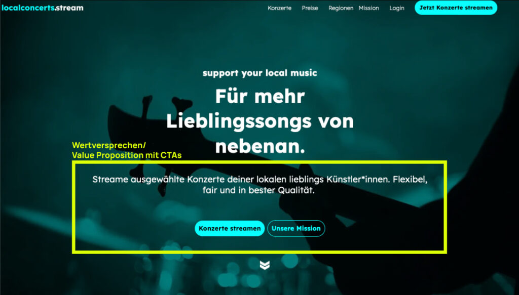 beispiel für ein Nutzenversprechen/Wertversprechen bzw. Value Proposition,mit Call to Action auf einer Webseite